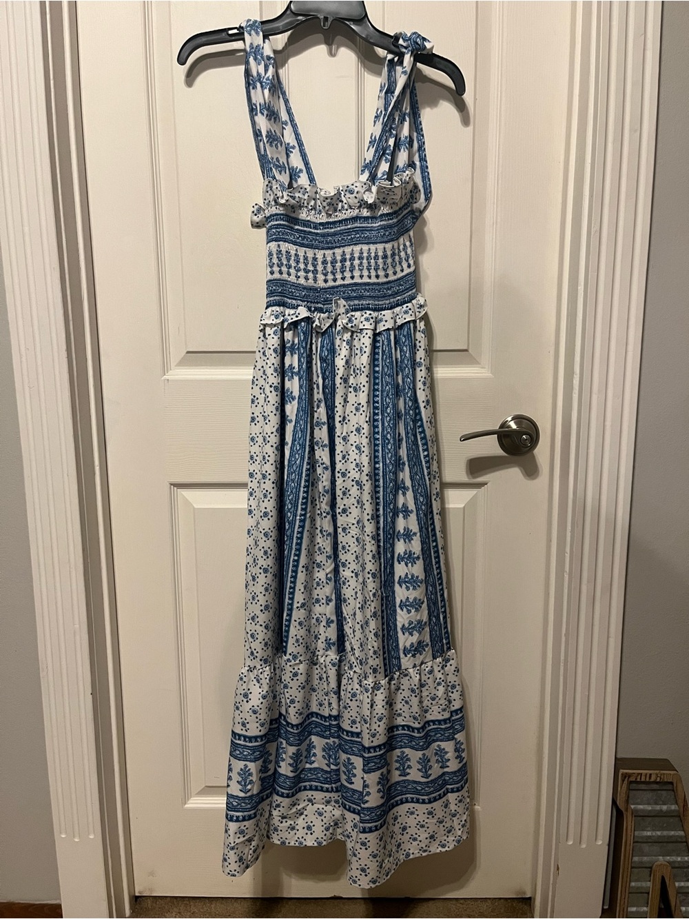 Blue and White Striped Floral Maxi Dress